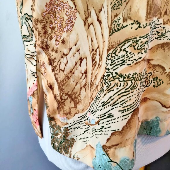 Natori Womens Tan Asian Printed Mandarin Collar Kimono Sleeves Boxy Short Top M - Picture 7 of 12